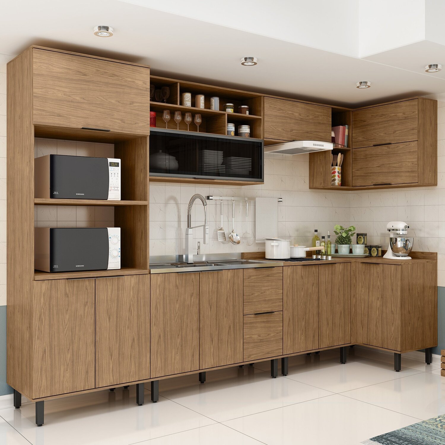 Cozinha Modulada Toscana 7 Peças Mdf com Aéreo 1200 Porta de Vidro Basculante e Armários Canto - 1