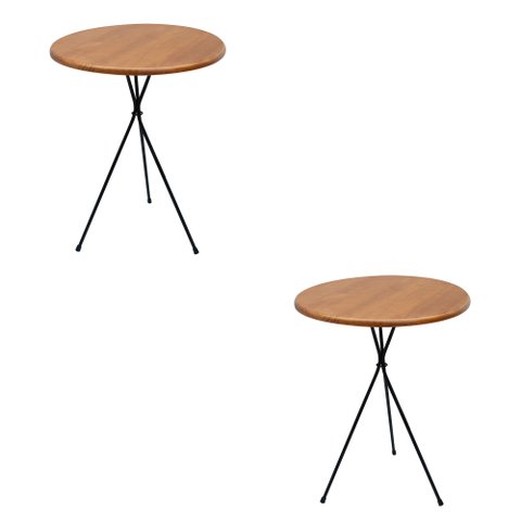 Kit 2 Mesas Laterais Redonda Sala Quarto Pé Aramado de Metal e Tampo Nozes