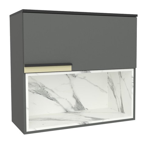 Armário Aéreo 80cm 1 Porta Basculante 1 Nicho Cozinha Flórida Cinza/Grafite/Calacatta