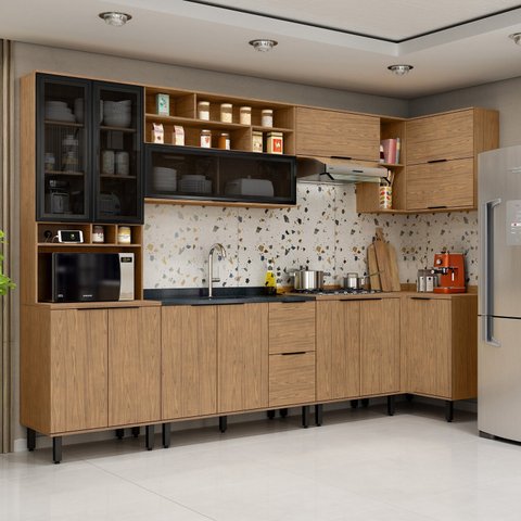 Cozinha Modulada Toscana 7 Peças Mdf com Paneleiro 1 Forno e Armários Canto