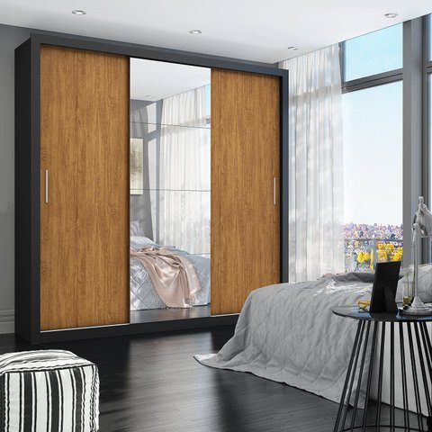 Guarda-Roupa Casal 4 Espelhos 3 Portas de Correr 4 Gavetas Max Plus Espresso Móveis Preto/Cinamomo