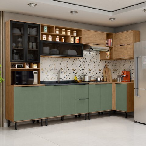 Cozinha Modulada Toscana 7 Peças Mdf com Paneleiro 1 Forno e Armários Canto