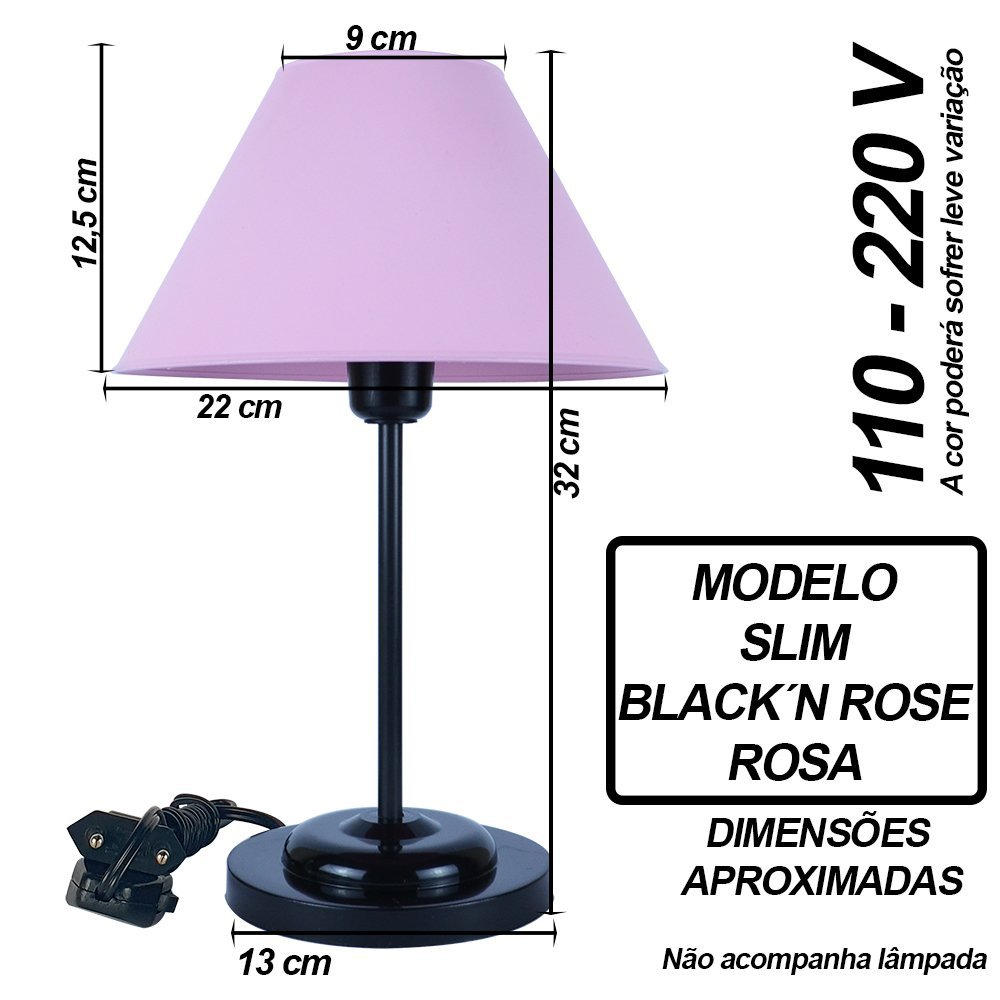 Abajur Slim Black´n Rose Luminária de Mesa Fino Quarto Sala – Base Preto Cúpula Rosa - 2