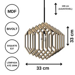 Luminária Teto tipo Pendente HEXAGONAL MDF - Completa - Cor: Marrom - 3 Luminária Teto tipo Pendente HEXAGONAL MDF - Completa - Cor: Marrom - 3