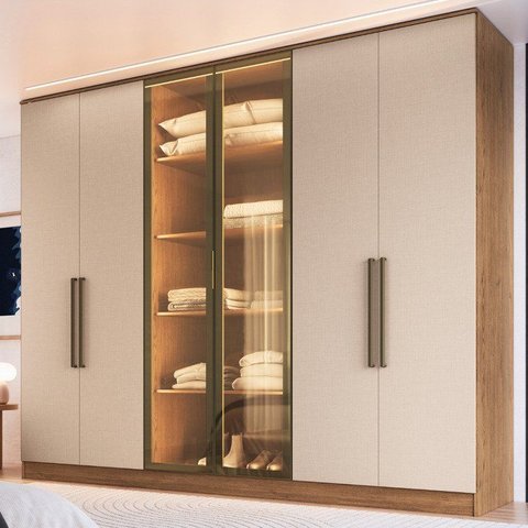 Guarda Roupa 2 Portas Reflecta com LED 4 Gavetas 100% MDF Roma Bege/Macadâmia/Duna