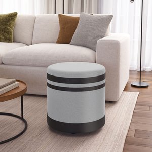 Puf Puff Banqueta Redondo Linho com Detalhes em Couro Preto