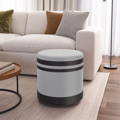 Puf Puff Banqueta Redondo Linho com Detalhes em Couro Preto