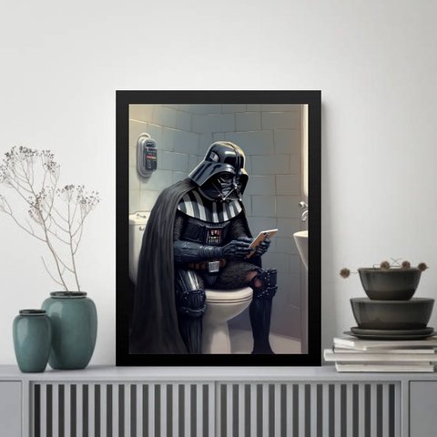 Quadro Banheiro Darth no Vaso Sanitário 24x18cm - com Vidro:moldura Branca