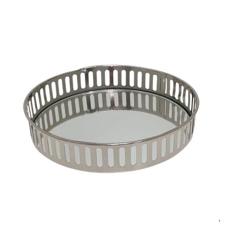 Bandeja Decorativa de Metal Prata com Espelho