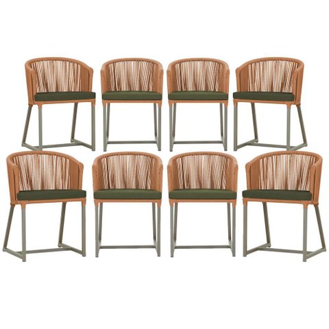 8 Cadeiras de Jantar Área Noronha em Alumínio com Pintura Fendi Corda Náutica Estofado 13 Trama Orig
