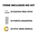 Ver imagem 2 de Chuveiro Ducha Fria Redondo 17cm Cromado + Suporte de Canto Porta Shampoo Branco + Veda Rosca