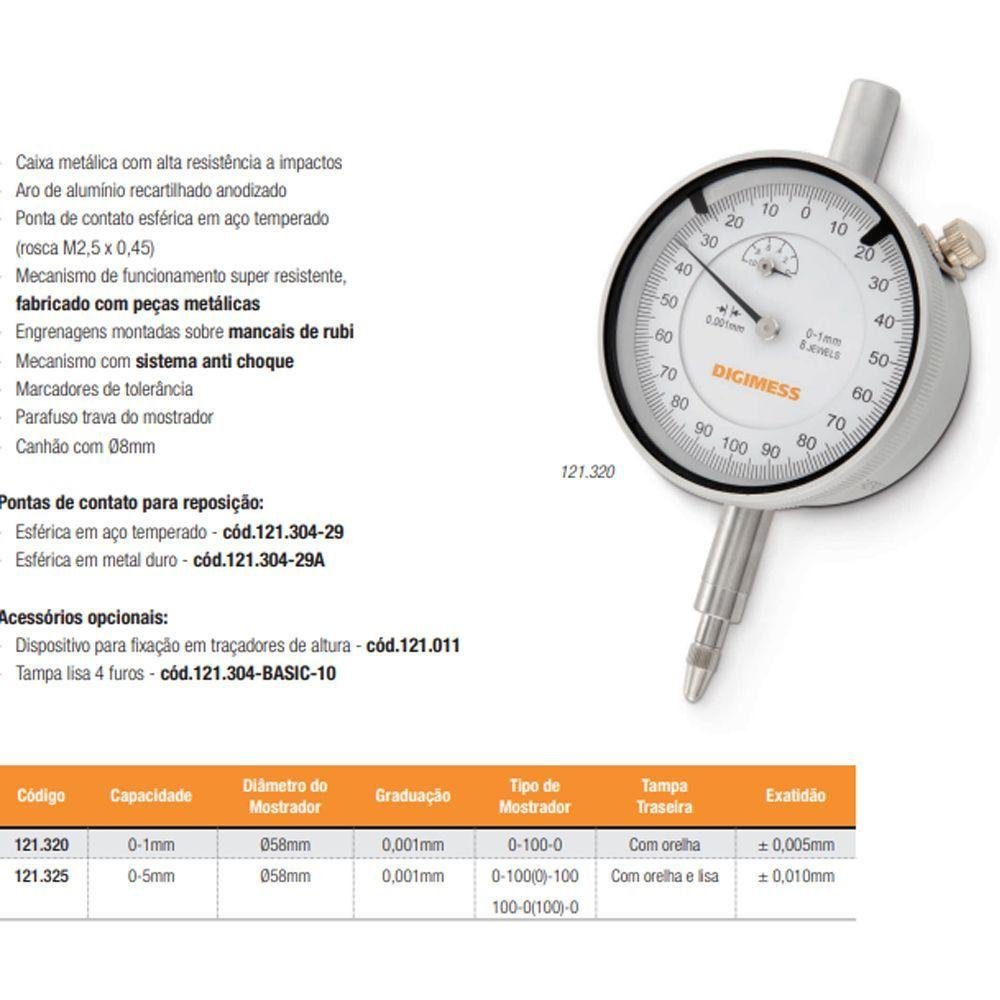 Relógio Comparador - Cap. 0-1mm - Graduação de 0,001mm - Diâmetro do Mostrador Ø58mm - Tampa - 3