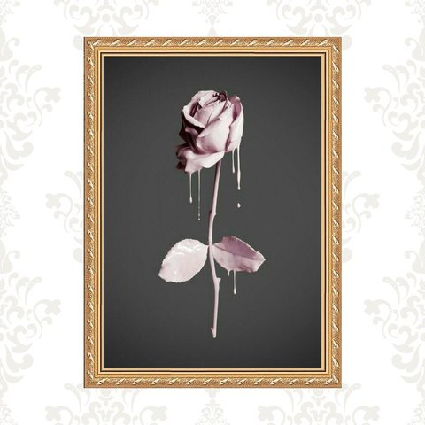 Quadro Moldura Dourada Flor Rosa e Cinza 45x34cm:com Vidro