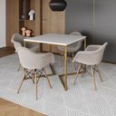 Ver imagem 1 de Jogo de Mesa Industrial Base Dourada Tampo Quadrado 90cm Branco com 4 Poltronas Estofadas Nude