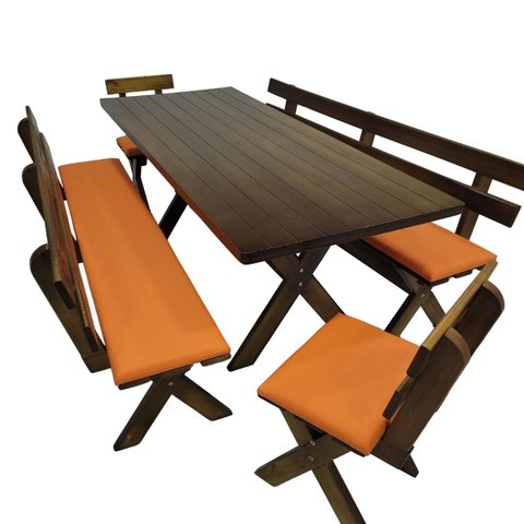 Conjunto Mesa Madeira Maciça para Churrasco Imbuia + 4 Bancos Estofados Laranja
