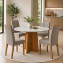 Ver imagem 1 de Conjunto Sala de Jantar 4 Lugares Redonda Tampo MDF Mesa Celebrare com Cadeiras Apogeu Marrom Amêndoa Clean/Off White/ Capuccino