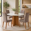 Ver imagem 1 de Conjunto Sala de Jantar 4 Lugares Redonda Tampo Vidro/MDF Mesa Celebrare com Cadeiras Apogeu Bege Amêndoa Clean/Off White/Animale Bege