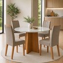 Ver imagem 1 de Conjunto Sala de Jantar 4 Lugares Redonda Tampo Vidro/MDF Mesa Celebrare com Cadeiras Apogeu Bege Amêndoa Clean/Off White/Bege Escuro
