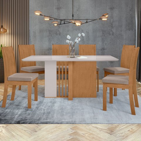 Conjunto Sala de Jantar 6 Lugares Retangular Tampo Vidro/MDF Mesa Astrid e Cadeiras Athenas Bege Amêndoa Clean/Off White/Rinzai Bege
