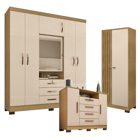 Guarda Roupa Casal Imperial e Cômoda Madri com Armário Multiuso Versatile Carvalho Americano Off Whi