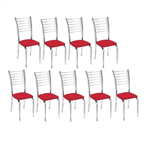 Kit 9 Cadeiras de Jantar Lara Cromada para Cozinha Assento Corino Vermelho - Aurora Line