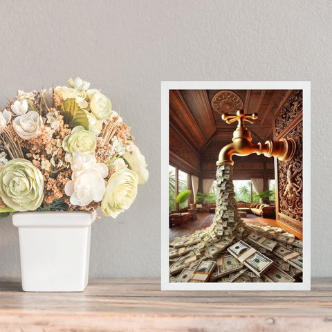 Quadro Decorativo Lei da Atração - Torneira de Dinheiro 24x18cm - com Vidro:moldura Preta