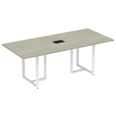 Mesa de Reunião com Caixa de Tomada 200 x 90 cm Pé Tubular PE25 MDP Nogueira CasaBlanca Base Branca