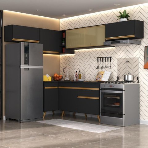 Cozinha Completa De Canto Com Armário E Balcão Preta