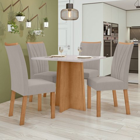 Conjunto Sala de Jantar 4 Lugares Quadrada Tampo Vidro/MDF Mesa Celebrare com Cadeiras Apogeu Marrom Amêndoa Clean/Off White/ Capuccino