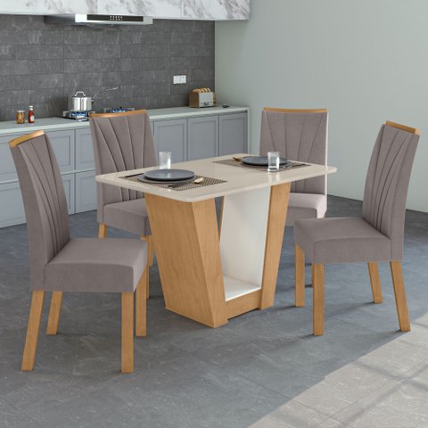 Conjunto Sala de Jantar 4 Lugares Retangular Tampo MDF Mesa e Cadeiras Apogeu Marrom Amêndoa Clean/Off White/ Capuccino