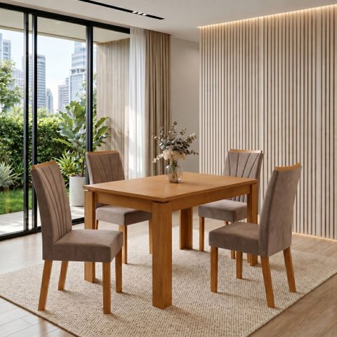 Conjunto Sala de Jantar 4 Cadeiras 120cm Mesa Athenas e Cadeiras Apogeu Bege Amêndoa Clean/Animale Bege
