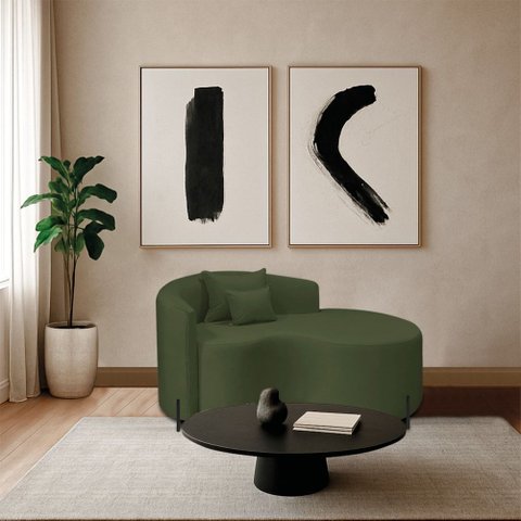Divã Recamier Curvo Sala de Estar Recepção Inglaterra 150cm Pés Metal Preto Lado Direito Linho Verde