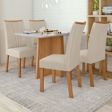 Conjunto Sala de Jantar 4 Lugares Retangular Tampo MDF Mesa Celebrare com Cadeiras Apogeu Bege Amêndoa Clean/Off White/ Naturale Creme