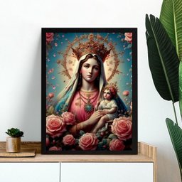 Quadro Nossa Senhora com Menino Jesus- Flores 24x18cm - com Vidro:moldura Branca - 1 Quadro Nossa Senhora com Menino Jesus- Flores 24x18cm - com Vidro:moldura Branca - 1
