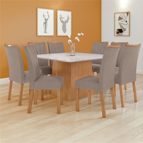 Conjunto Sala de Jantar 8 Lugares Quadrada Tampo Vidro/MDF Mesa Nevada com Cadeiras Apogeu Bege Amêndoa Clean/Off White/Animale Bege