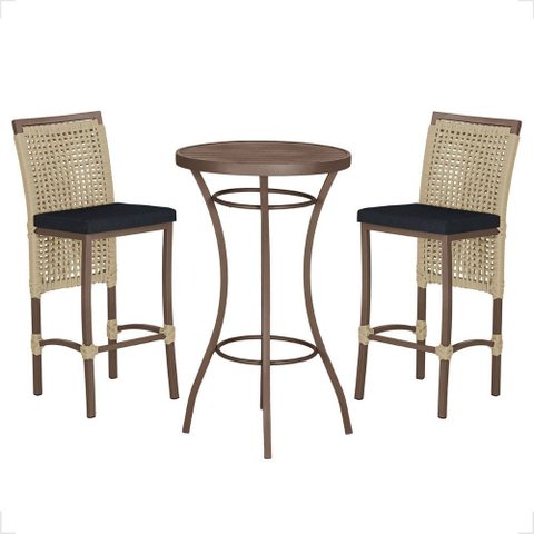 Mesa Bistro e 2 Banquetas Roma Marrom Corda Náutica 12 Trama Original