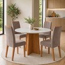 Ver imagem 1 de Conjunto Sala de Jantar 4 Lugares Redonda Tampo MDF Mesa Celebrare com Cadeiras Apogeu Bege Amêndoa Clean/Off White/Animale Bege