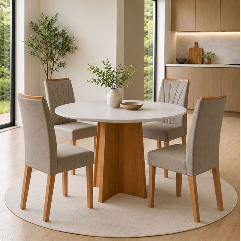 Conjunto Sala de Jantar 4 Lugares Redonda Tampo MDF Mesa Celebrare com Cadeiras Apogeu Bege Amêndoa Clean/Off White/Bege Escuro