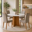 Ver imagem 1 de Conjunto Sala de Jantar 4 Lugares Redonda Tampo MDF Mesa Celebrare com Cadeiras Apogeu Bege Amêndoa Clean/Off White/Bege Escuro