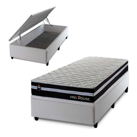 Conjunto Box Baú Solteirão Durham Branco 96x203x67 c/ Molas Ensacadas