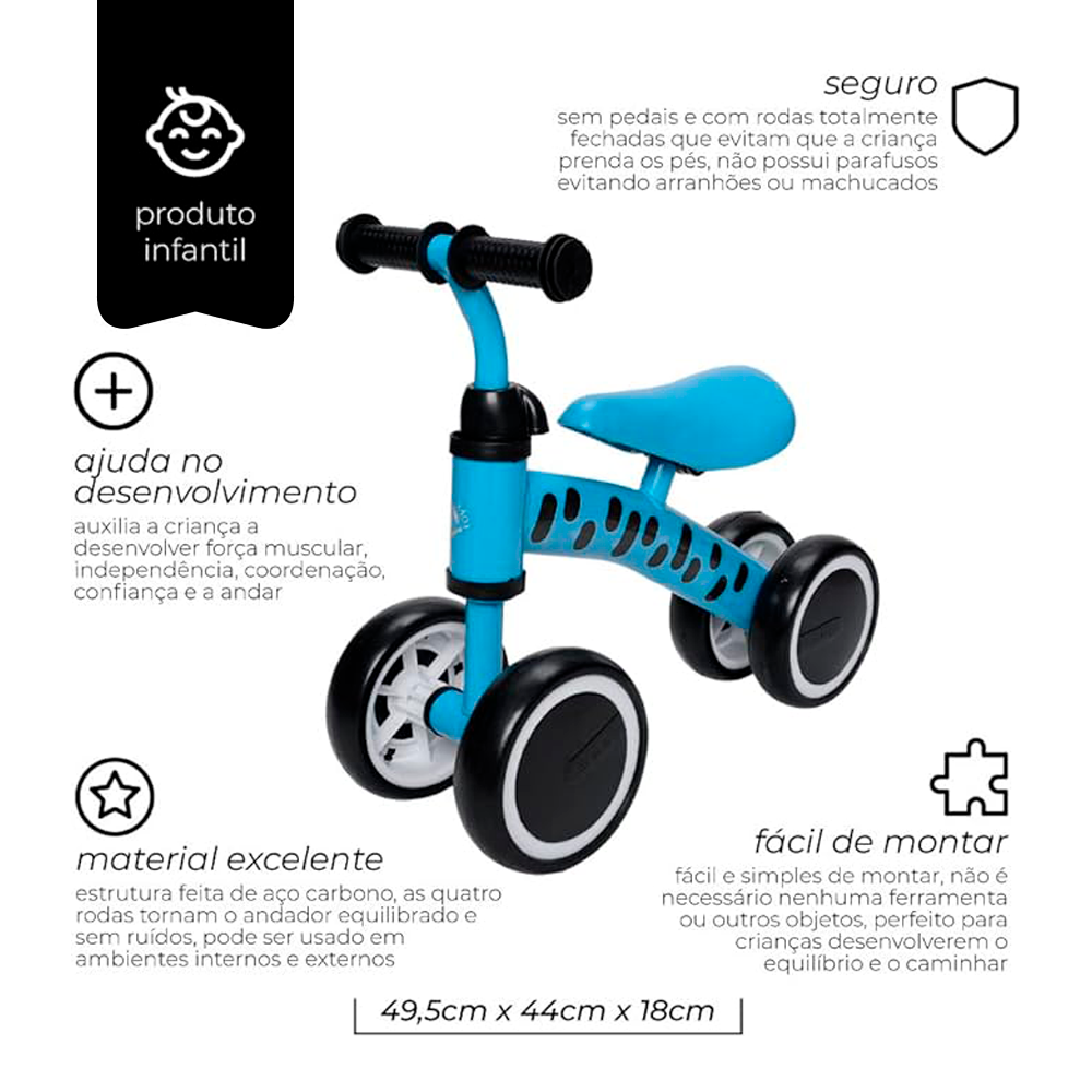 Andador Bebê Bicicleta de Equilíbrio Infantil sem Pedal 4 Rodas Zippy Toys Azul - 6