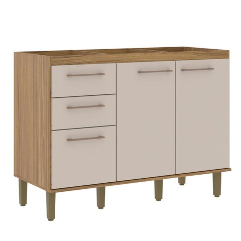 Balcão de Pia 2 Portas e 3 Gavetas 120 cm Bege/Ipê/Cristalo