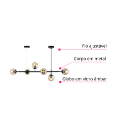Lustre Pendente Jabuticaba Jabuti Preto com 6 Bolas Globos Esféras Âmbar Moderno Luxo Inl91 - 4