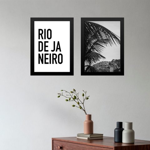Kit 2 Quadros Rio de Janeiro - Vidigal 45x34cm - com Vidro:moldura Branca
