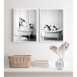 Kit 2 Quadros para Decorar Banheiro- Pinguins 24x18cm - com Vidro:madeira Branca - 2