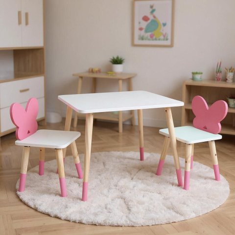 Mesa e 2 Cadeiras Infantil Borboletinha Kit Livro Educativo em Madeira - Rosa