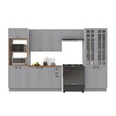 Ver imagem 2 de Cozinha Modulada 5 Peças Torre Quente Cristaleira Balcão com Tampo 2 Aéreos 100% MDF com Vidro Rodapé Bari Cinza/Titanio Fosco