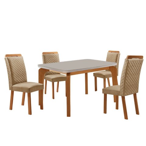 Mesa de Jantar Liz 120cm Tampo MDF Vidro Canto Copo com 4 Cadeiras Lorena