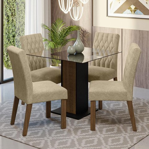 Conjunto Sala de Jantar Mesa Tampo de Vidro 4 Cadeiras Rustic/preto/imperial Noemi Madesa