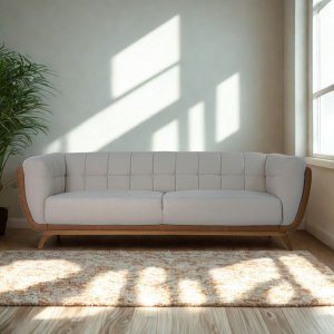 Sofá 2 Lugares 180cm com Pés em Madeira Linha Premium Compose em Bouclê Off-white e Corino Caramelo